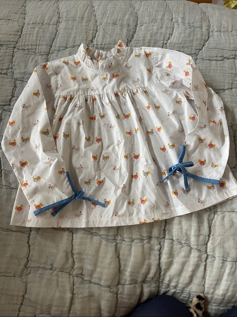 White Floral Ruffle-Neck Blouse with Blue Ribbon Ties for Girls